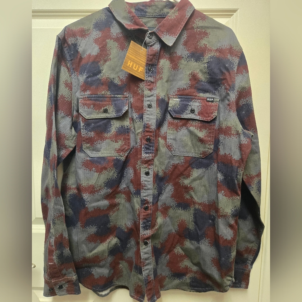 HUF Spray Camouflage Long Sleeves Work Shirt Men Large